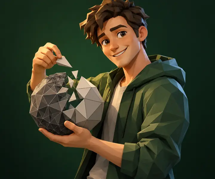 Un sympathique personnage 3D stylisé et low-poly, prenant la pose sur un fond de studio vert foncé.