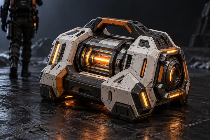 Un accessoire de jeu de science-fiction compact et low-poly sur un fond de studio sombre, vu de trois quarts.