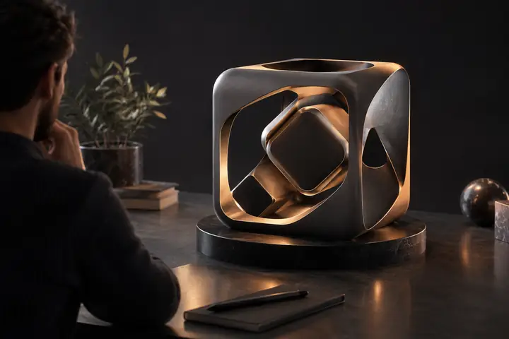 Un petit modèle de produit soigné sur un fond de studio gris anthracite, avec une géométrie simplifiée et nette.