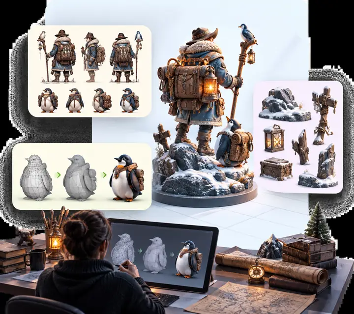 Une collection de concepts de personnages et d’accessoires 3D disposés au-dessus d’un processus créatif.