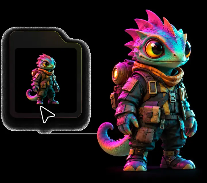 Un personnage 3D stylisé et coloré présenté à côté de son image de référence.
