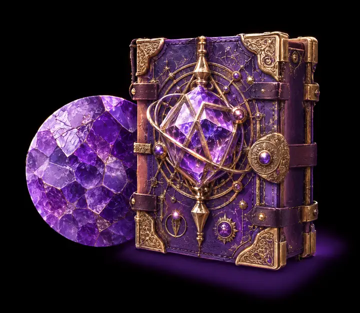 Un livre fantastique richement texturé et une étude de matériau 3D violet.