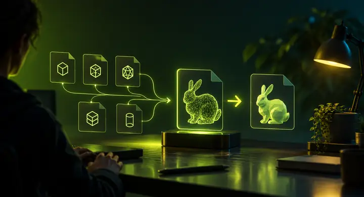 Illustration du processus de téléversement d’un fichier, montrant un fichier de modèle et des formats 3D courants.